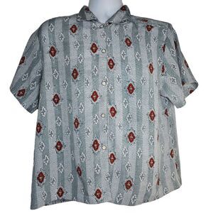 Vintage 70s Kam Lung Button Up Shirt Blouse Womens L Gray Diamonds